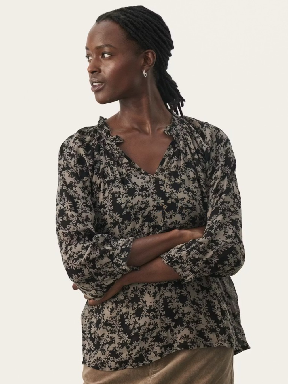 Part Two Copenhagen ElsiaPW Floral Ruffle-Neck Long-Sleeve Blouse